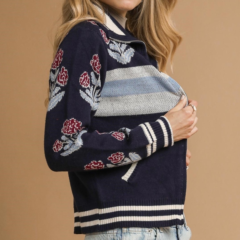 Umgee Knit Zip Up Jacket | NWT | Floral Boho | Midnight Navy | Sizes S M L - Picture 7 of 12